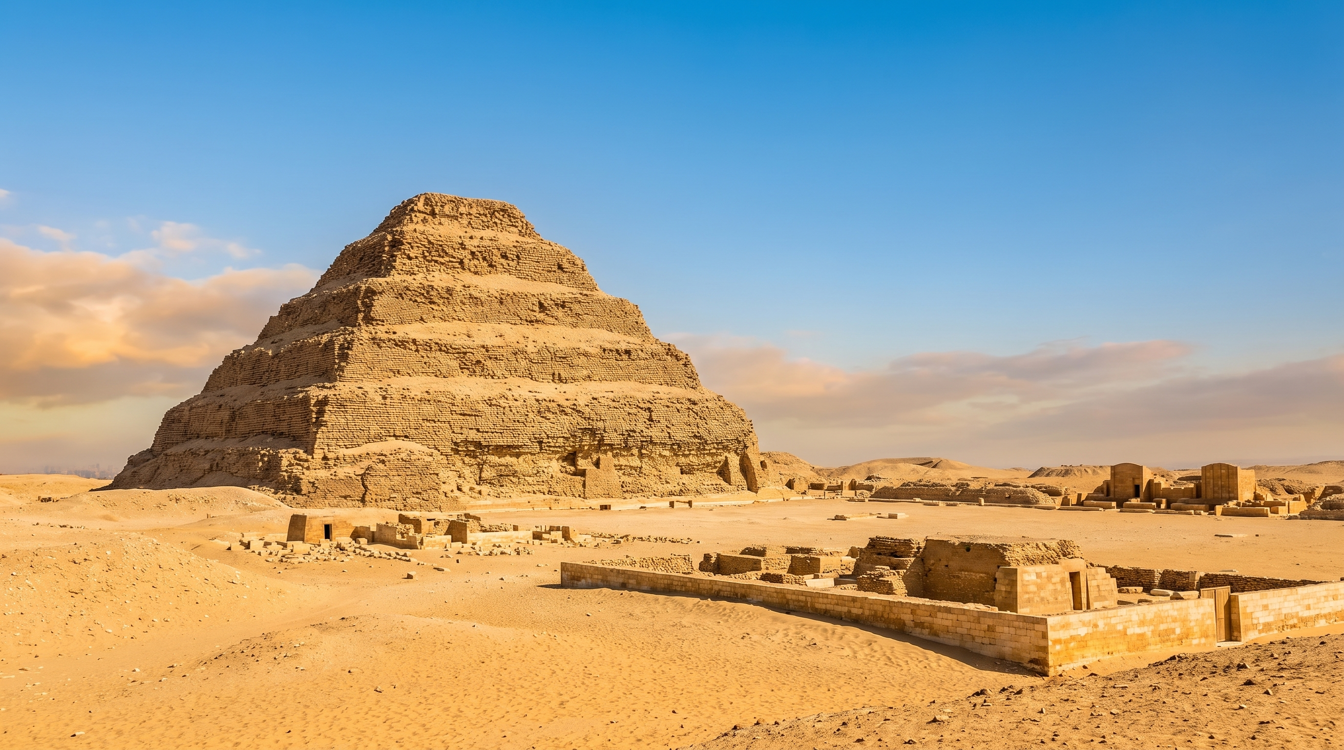 Carved stone false door and rows of small ushabti statues inside an ancient Egyptian tomb