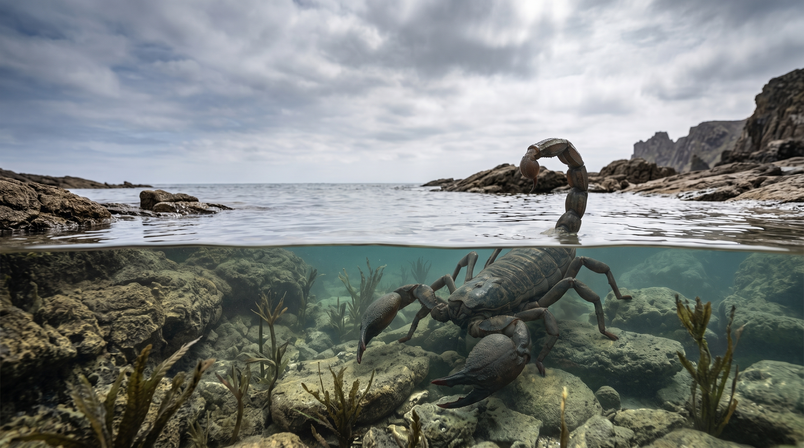 Giant ancient scorpion with long claws moving through shallow prehistoric coastal water