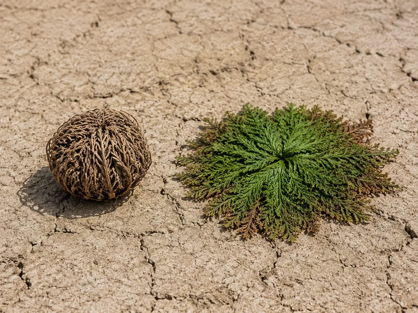 A resurrection plant shown dry and curled beside its open green rosette
