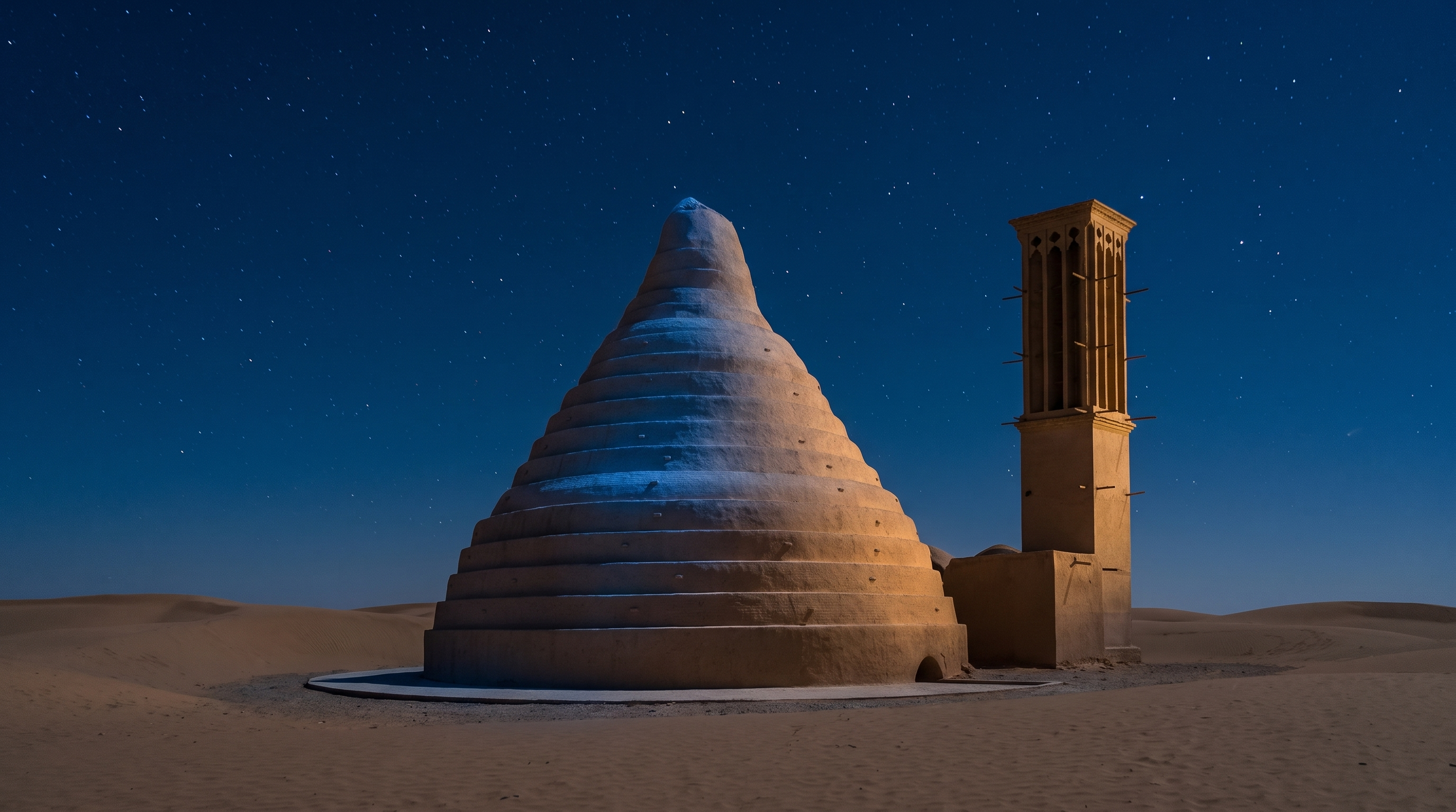 Cone shaped mud yakhchal ice house standing tall against a clear desert night sky