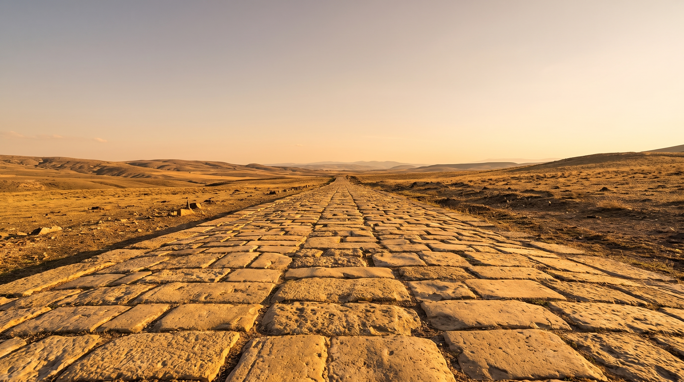 Ancient Roman stone road stretching across a wide landscape