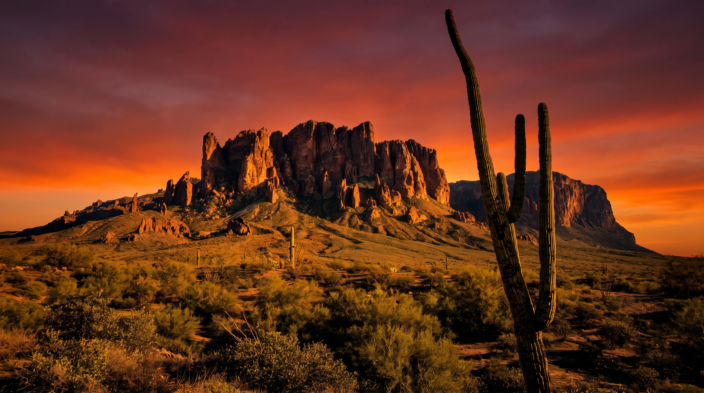 Rugged desert mountain range with a tall rock spire at sunset