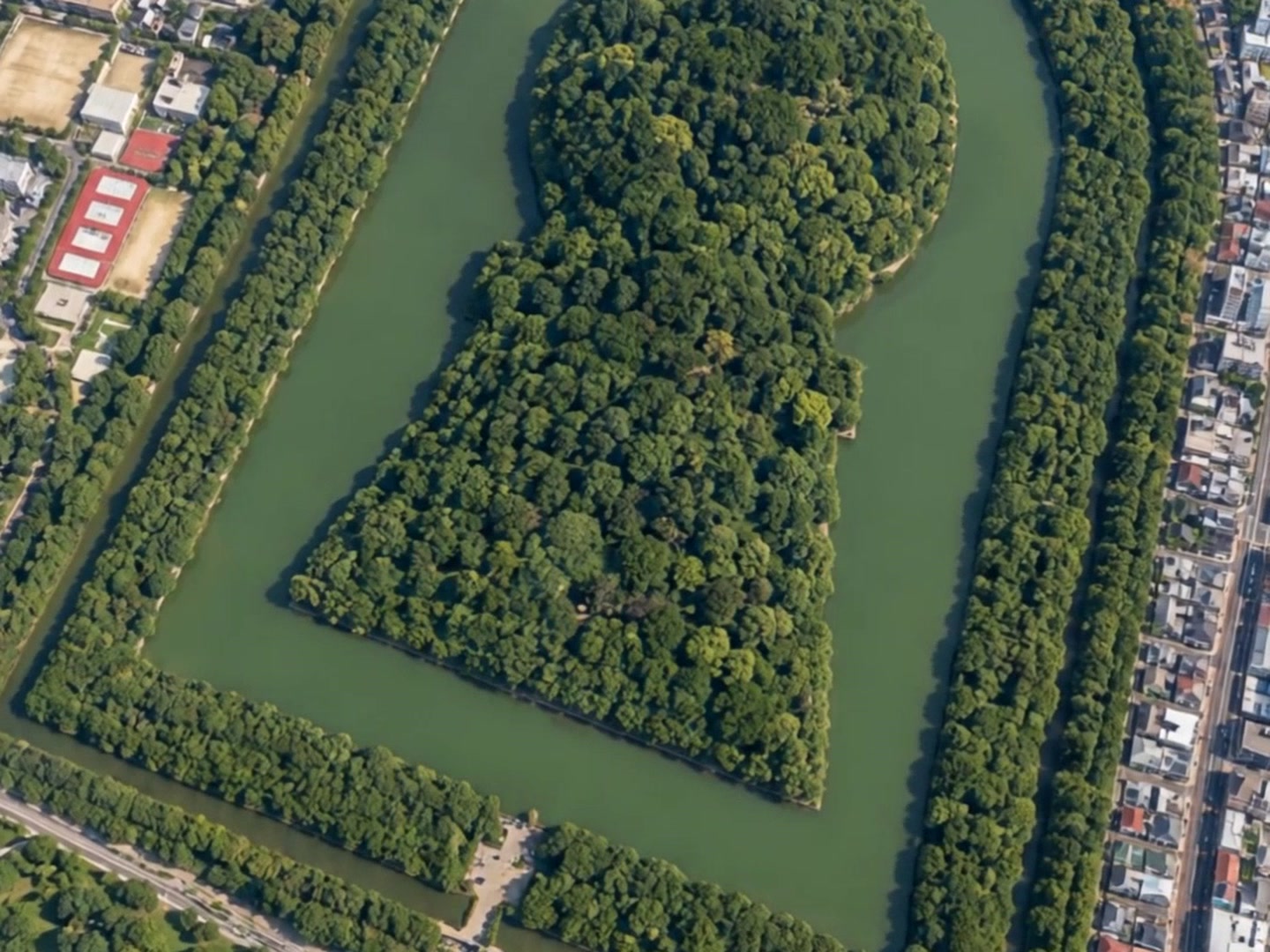Aerial view of the Daisen Kofun burial mound in Sakai, Japan, surrounded by three rings of water