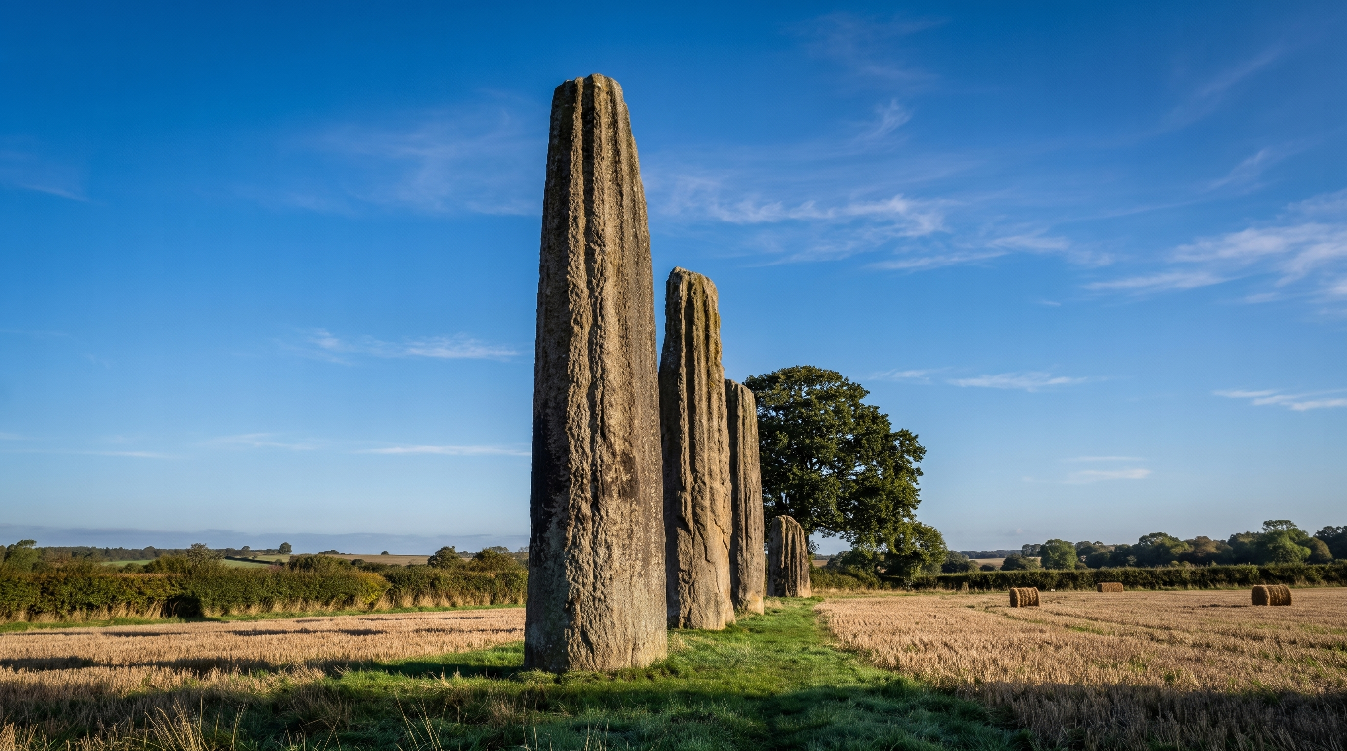 Tall weathered grey standing stones rising from a green field in Yorkshire