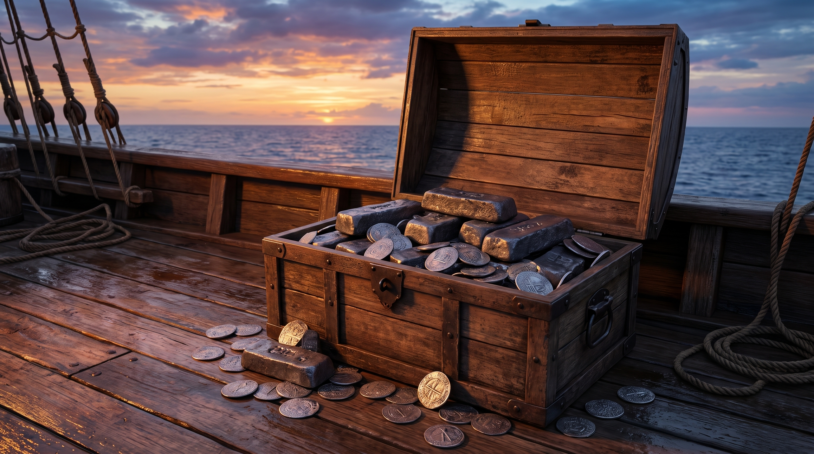 Diver examining silver bars and gold coins scattered on the ocean floor near a shipwreck