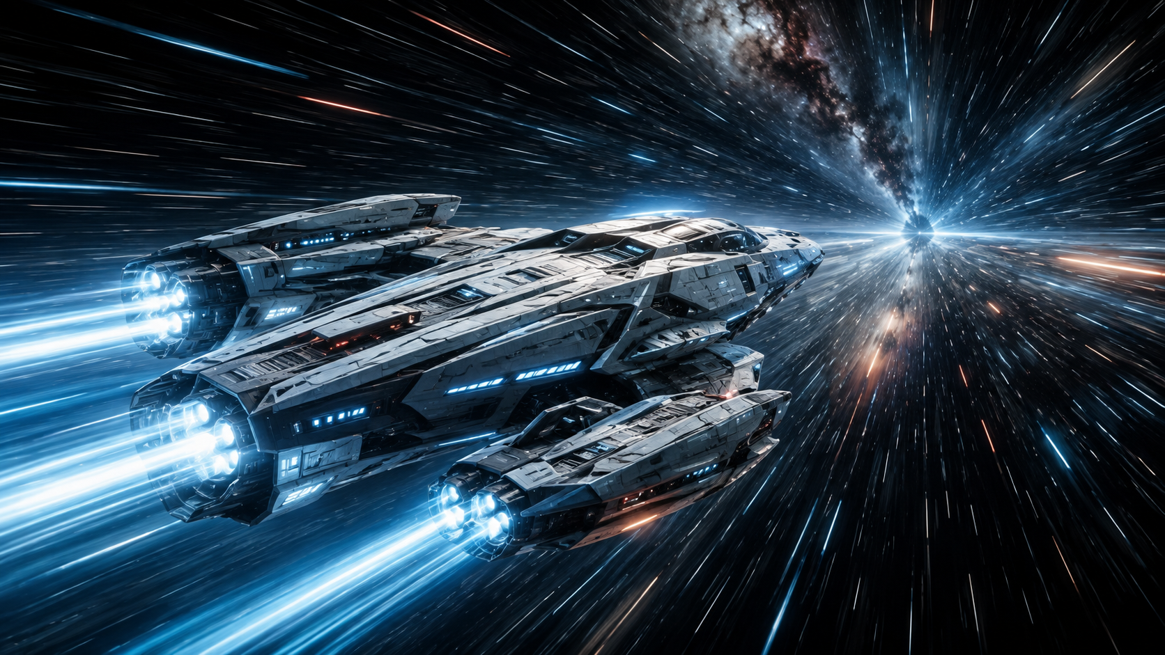 A starship travelling at near light speed against a deep space background
