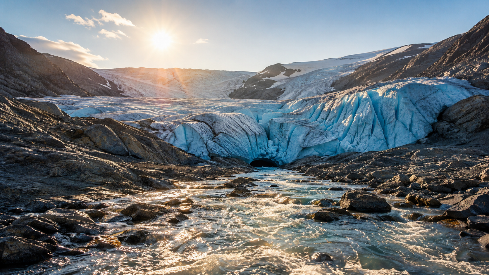 Meltwater running over rocks at the edge of a retreating mountain glacier