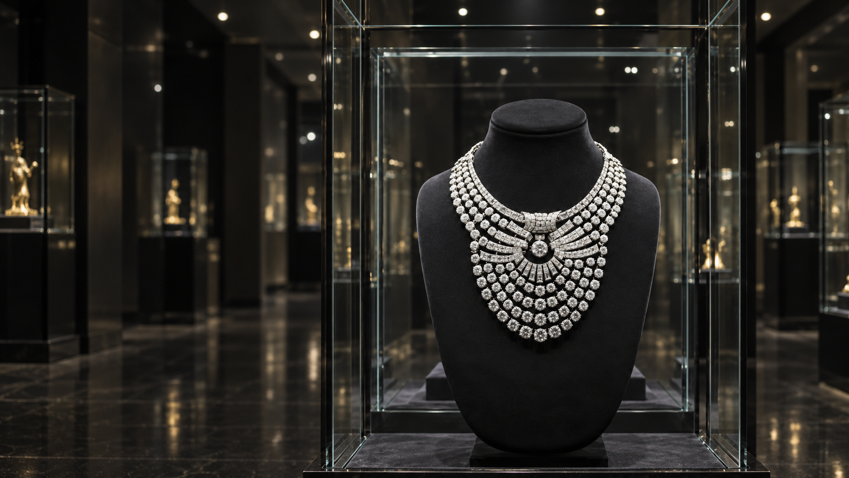 A diamond necklace displayed inside a museum glass case