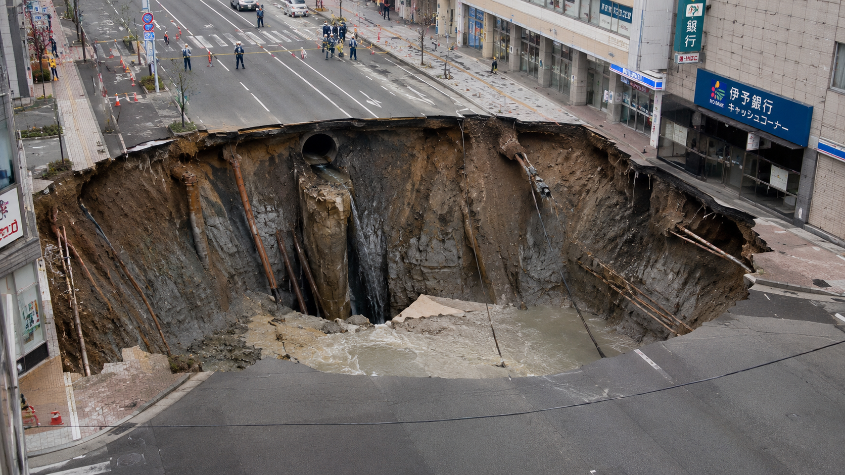 A collapsed section of city street, with pipes left hanging across the pit