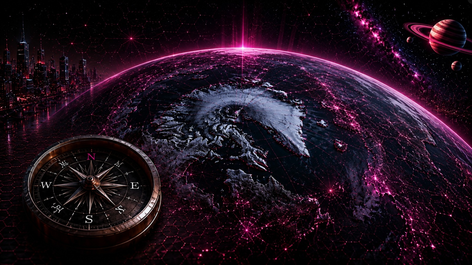 Earth seen from space with a compass overlaid on the Arctic