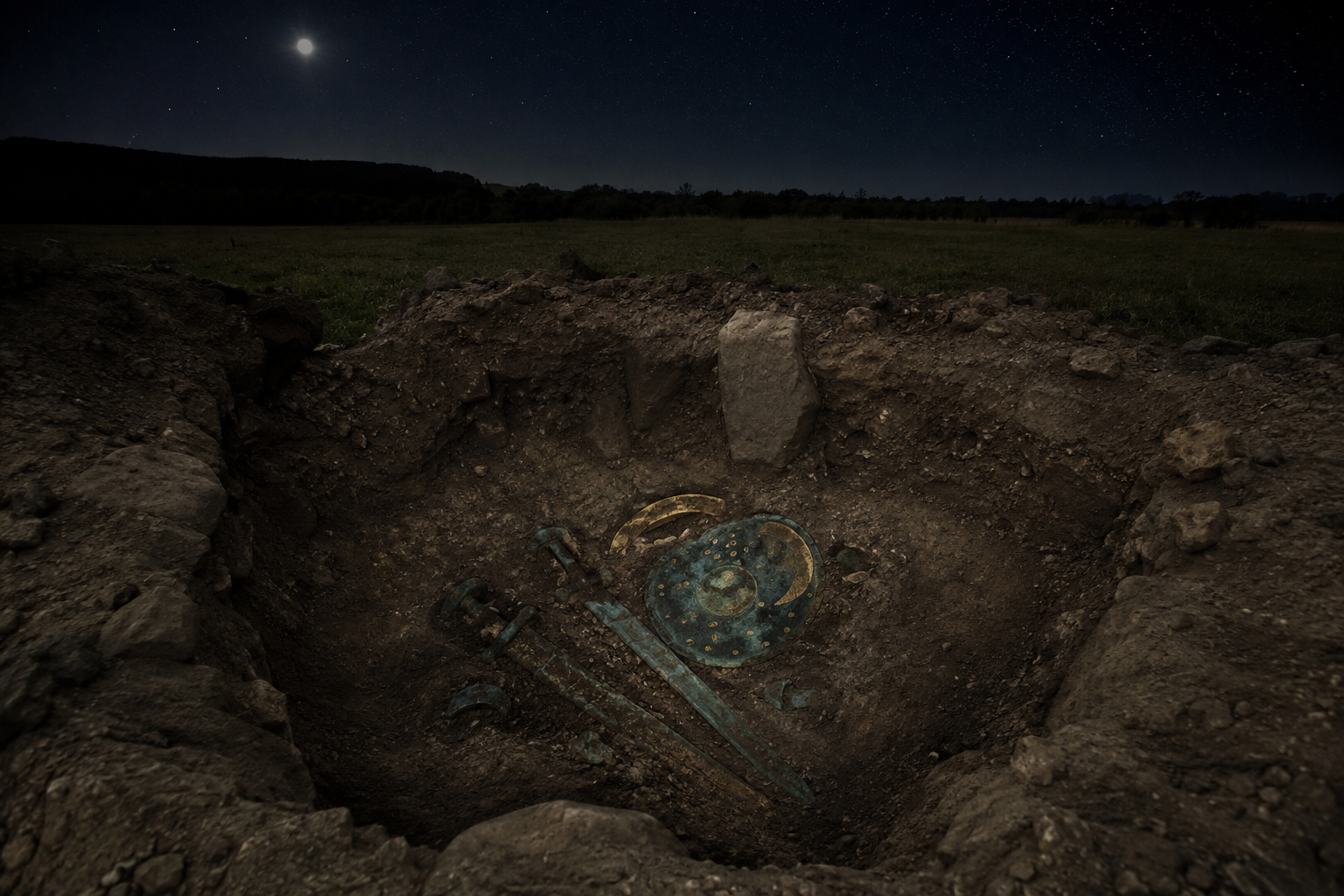 Cover image for the Nebra Sky Disc, the Bronze Age bronze disc inlaid with gold symbols for the sun, moon, and stars