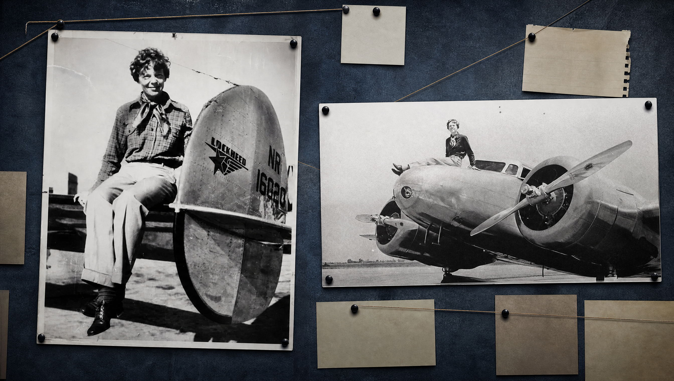 Archival photographs of Amelia Earhart and her Lockheed Electra pinned to an investigation board