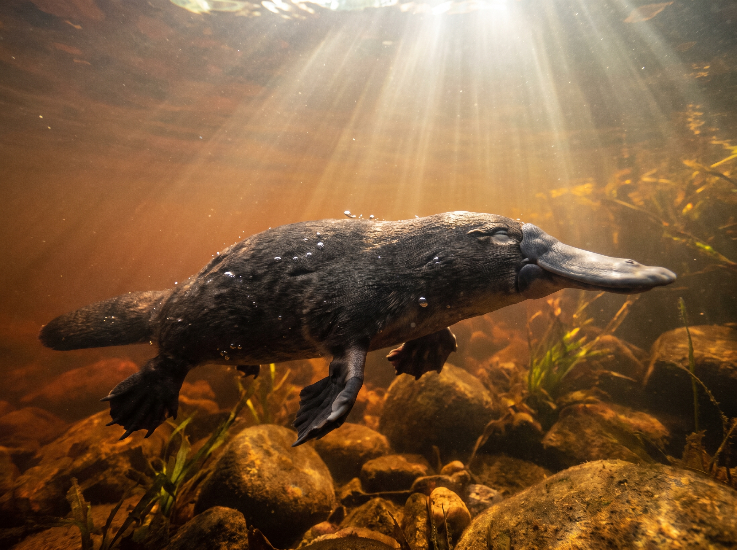 Platypus swimming in a clear freshwater stream