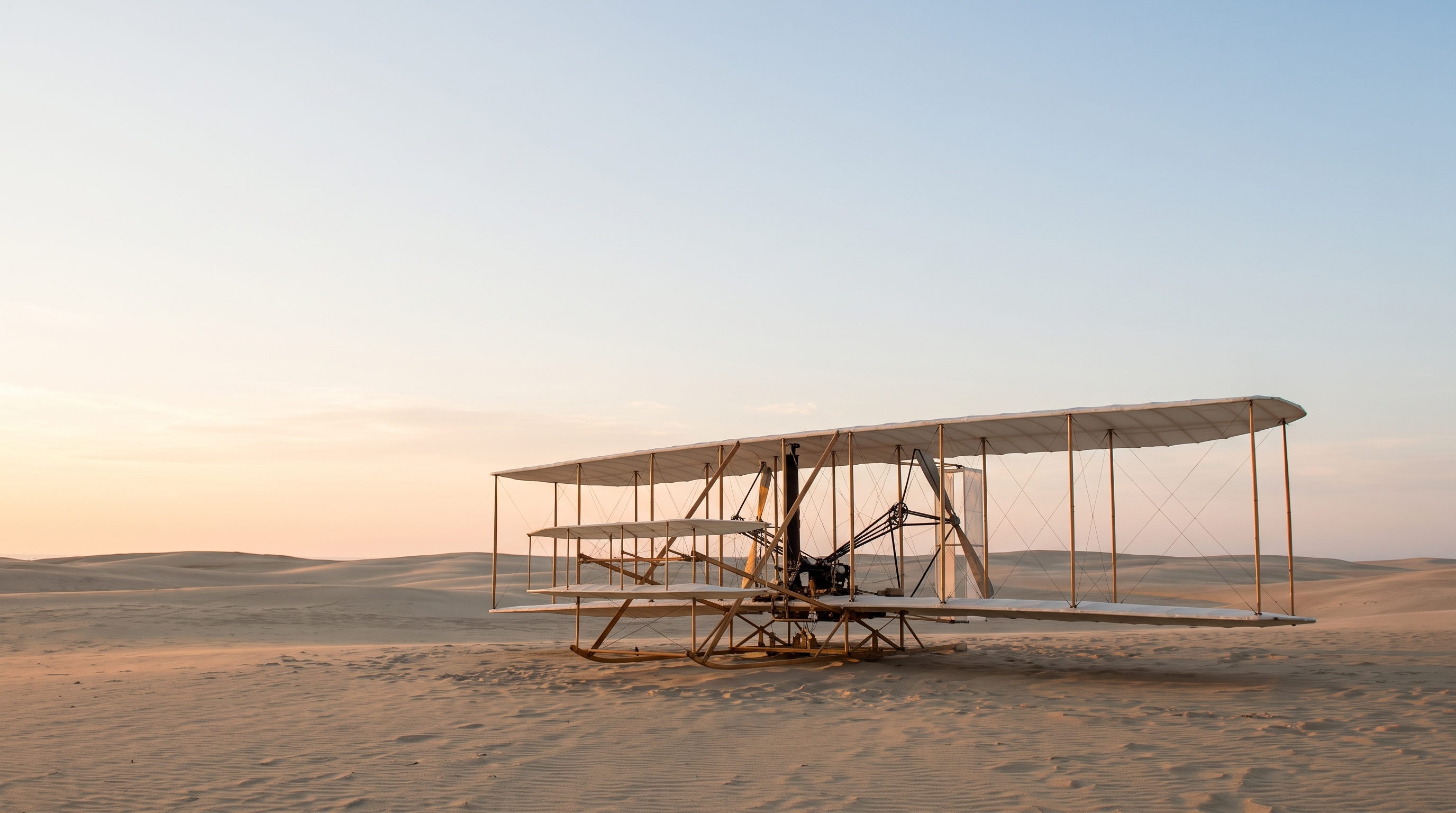 Early wood and fabric biplane lifting off a sandy beach in 1903