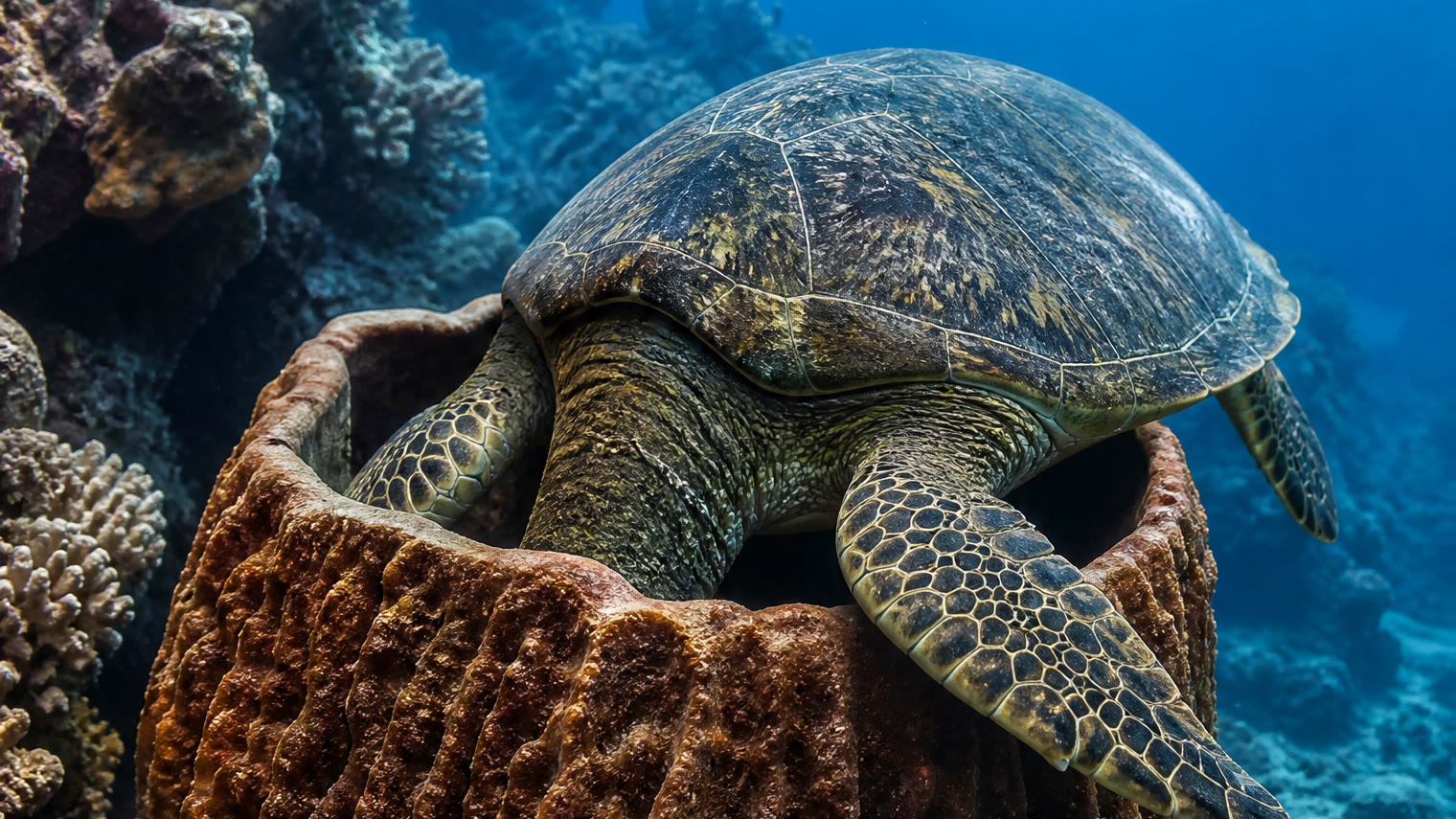 A sea turtle with its head down inside a big brown barrel sponge on a tropical reef, its shell and front flippers resting over the rim.