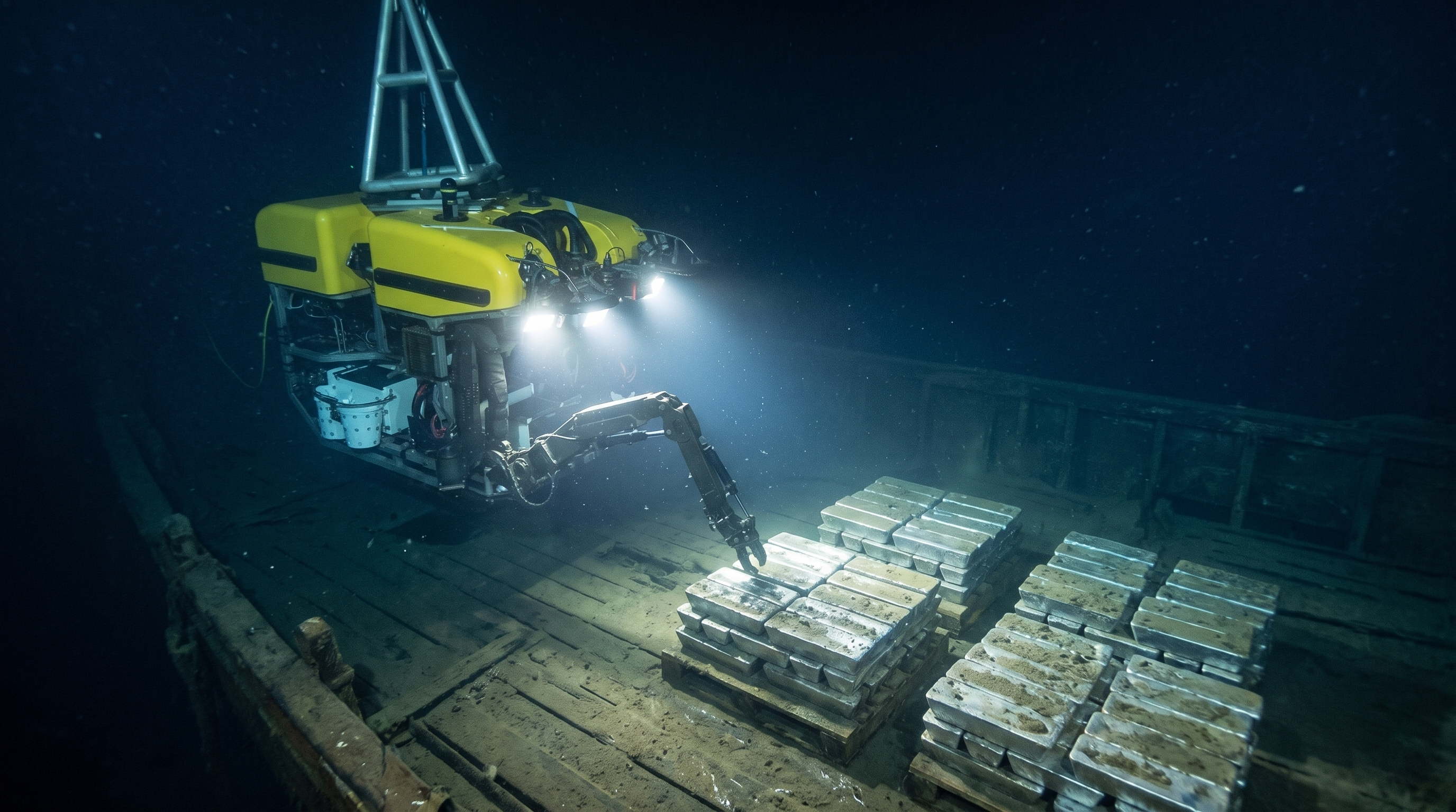 Underwater robot submersible exploring a deep ocean shipwreck with silver bars